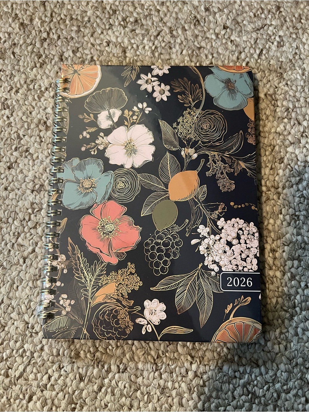 2026 Floral Spiral Planner - Navy Background with Multicolor Blooms